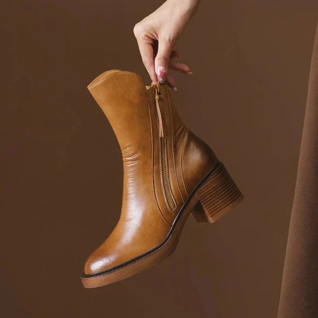 Leather Boots For Women | Ankle Side Zip Block Heel