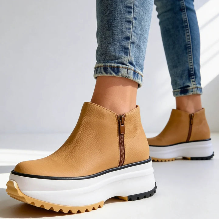 Leather Boots For Women | Platform Ankle Side Zip