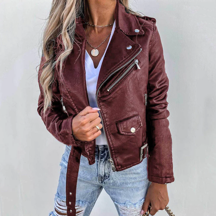 Jacket for women with long sleeves, pockets, and belt