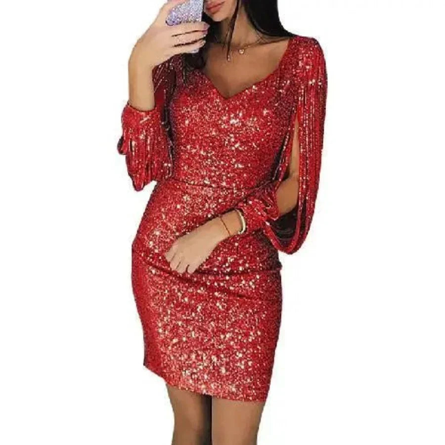 Unisex Mini Sequined Evening Dress with V-Neck