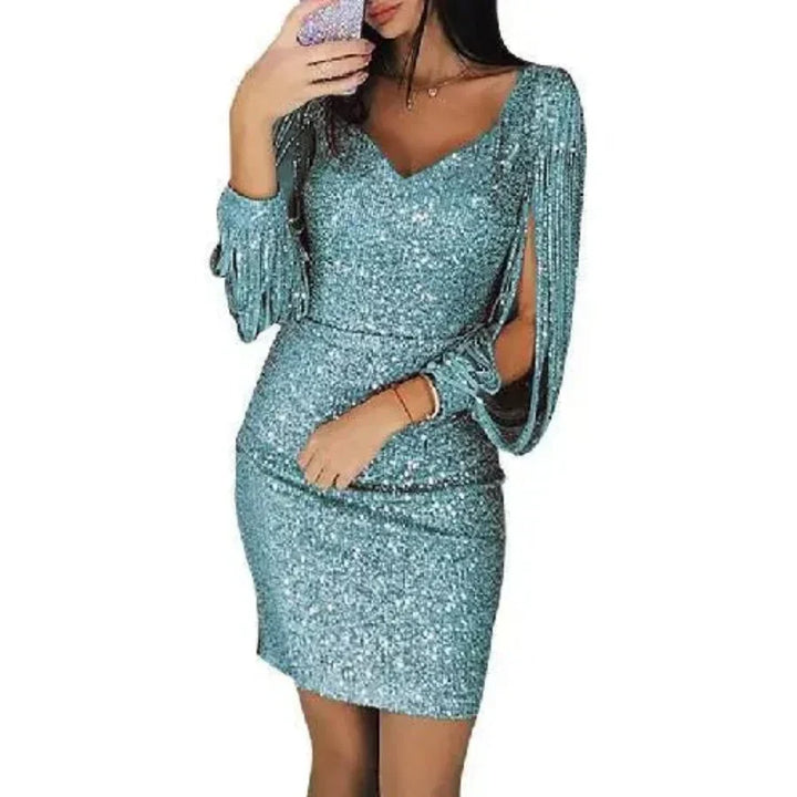 Unisex Mini Sequined Evening Dress with V-Neck