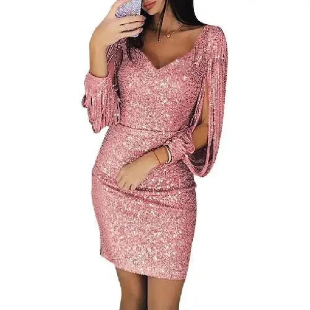 Unisex Mini Sequined Evening Dress with V-Neck