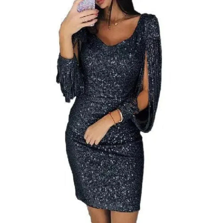 Unisex Mini Sequined Evening Dress with V-Neck