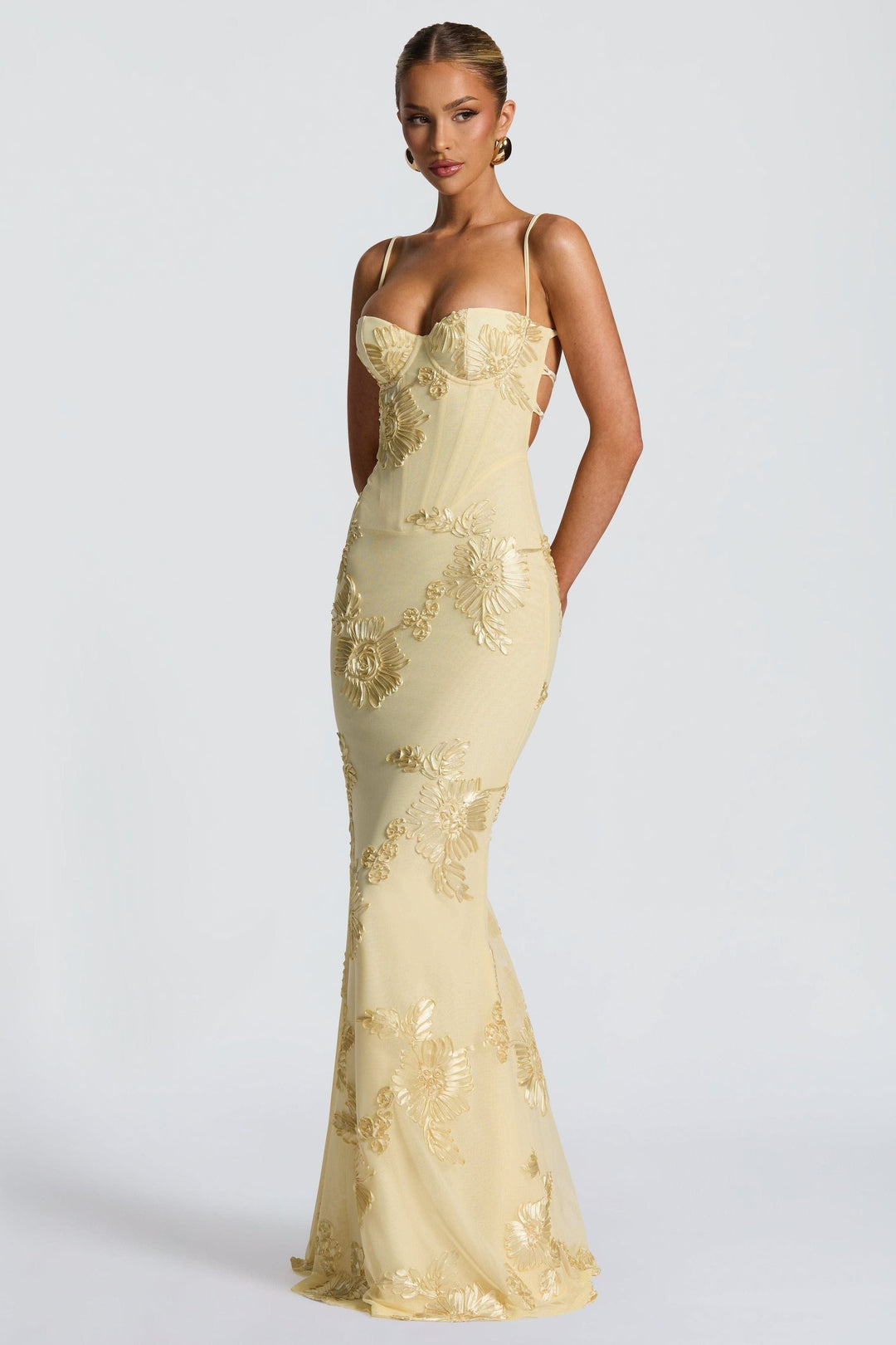 Melissa - Yellow Embroidered Corset Mermaid Maxi Dress