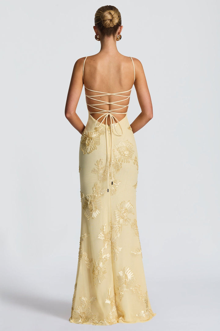 Melissa - Yellow Embroidered Corset Mermaid Maxi Dress