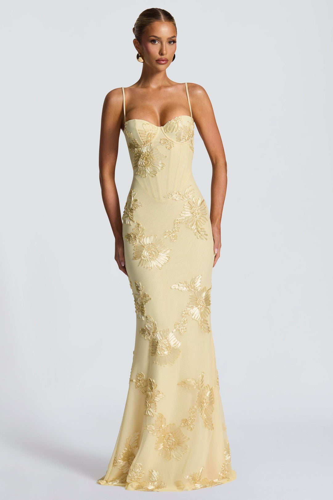 Melissa - Yellow Embroidered Corset Mermaid Maxi Dress
