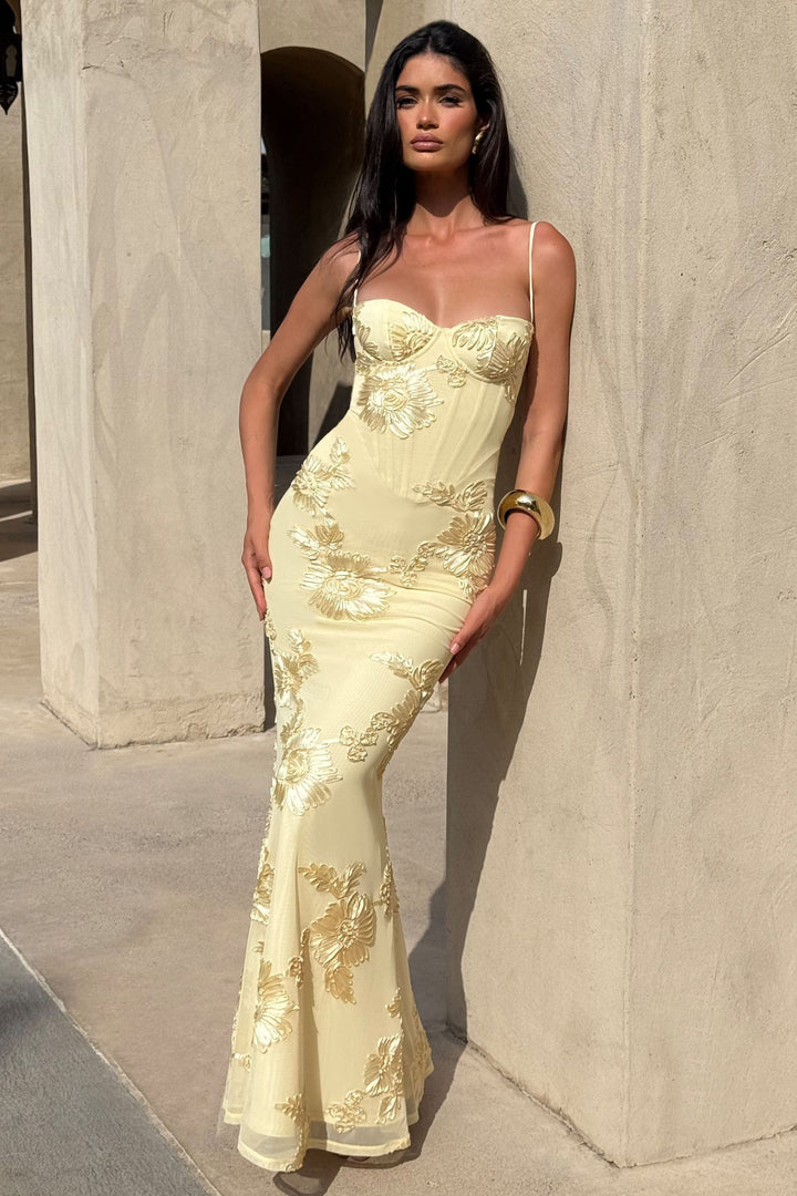 Melissa - Yellow Embroidered Corset Mermaid Maxi Dress