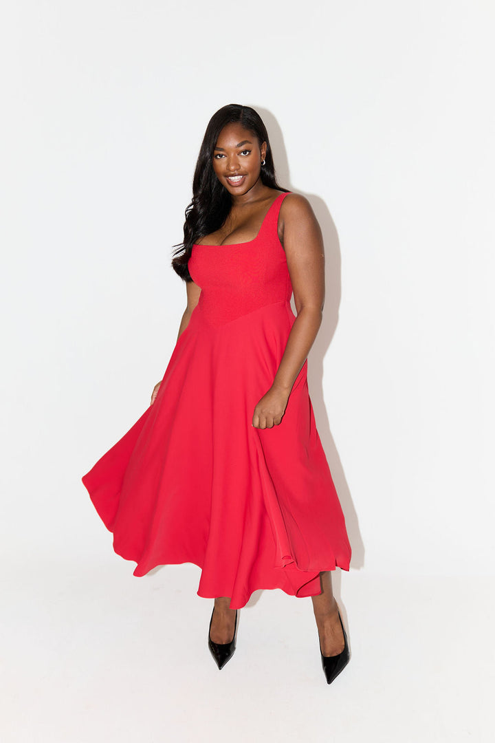 MILENA – High Waist Square Neck Sleeveless Fit and Flare Midi Dress