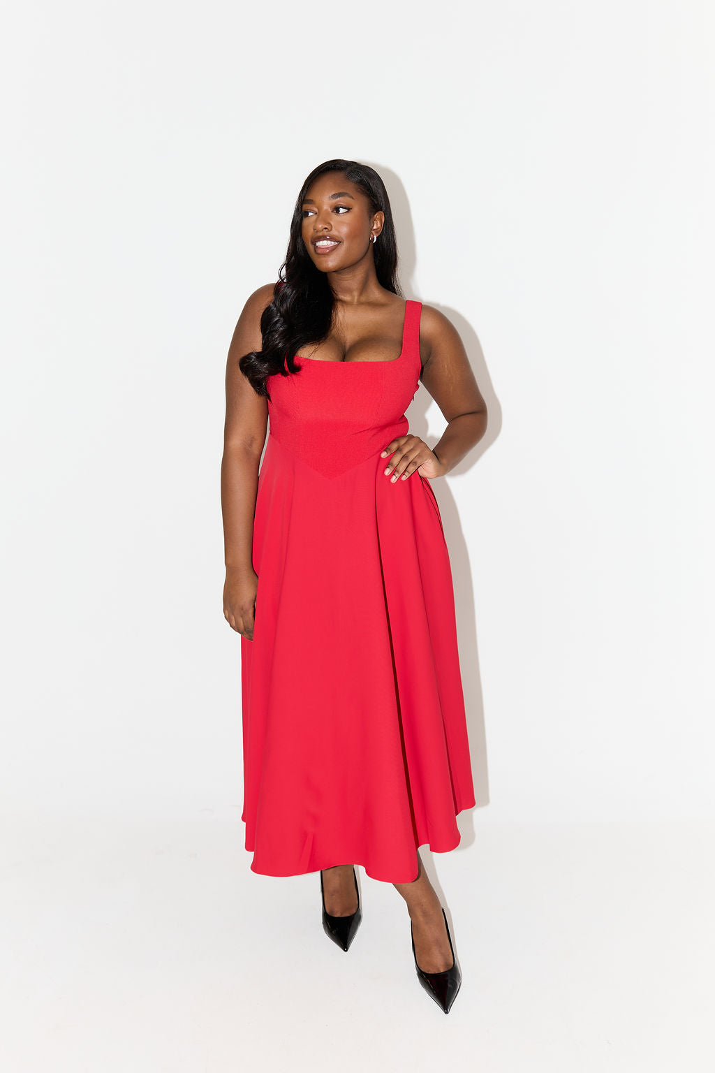 MILENA – High Waist Square Neck Sleeveless Fit and Flare Midi Dress