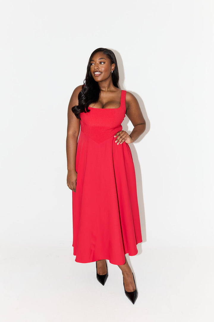 MILENA – High Waist Square Neck Sleeveless Fit and Flare Midi Dress