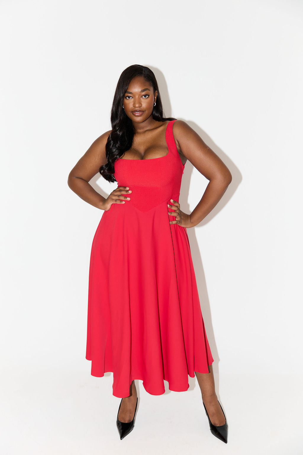 MILENA – High Waist Square Neck Sleeveless Fit and Flare Midi Dress