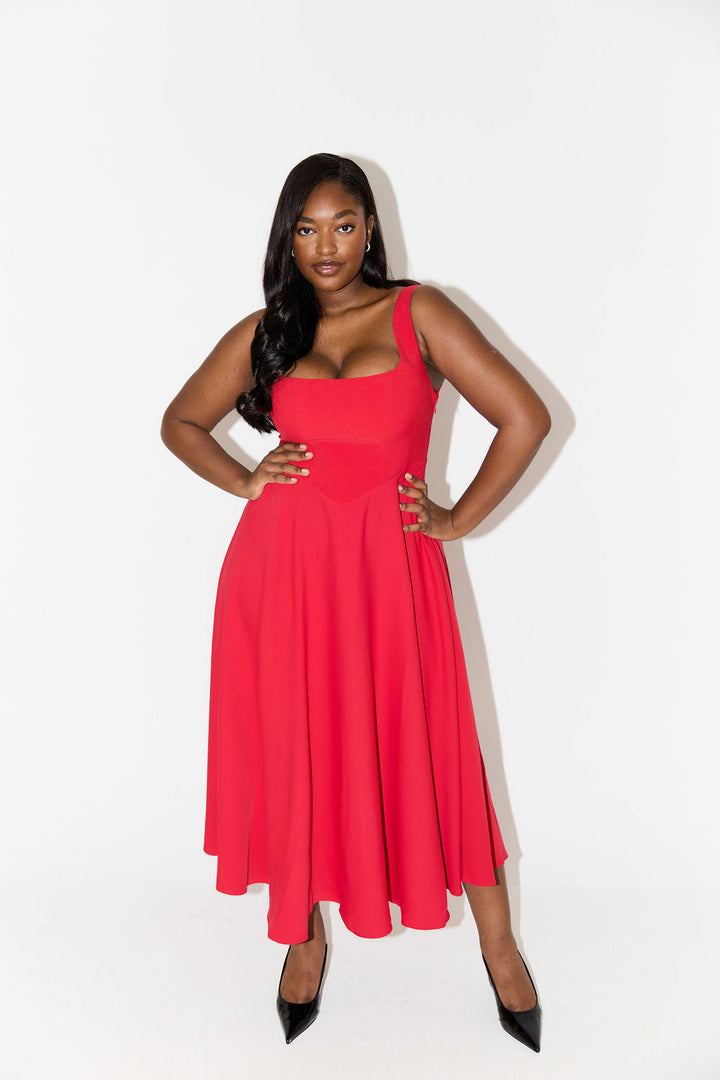 MILENA – High Waist Square Neck Sleeveless Fit and Flare Midi Dress