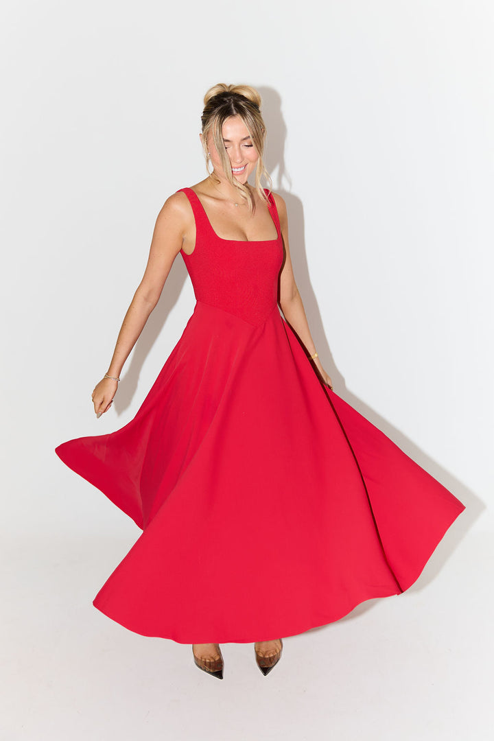 MILENA – High Waist Square Neck Sleeveless Fit and Flare Midi Dress