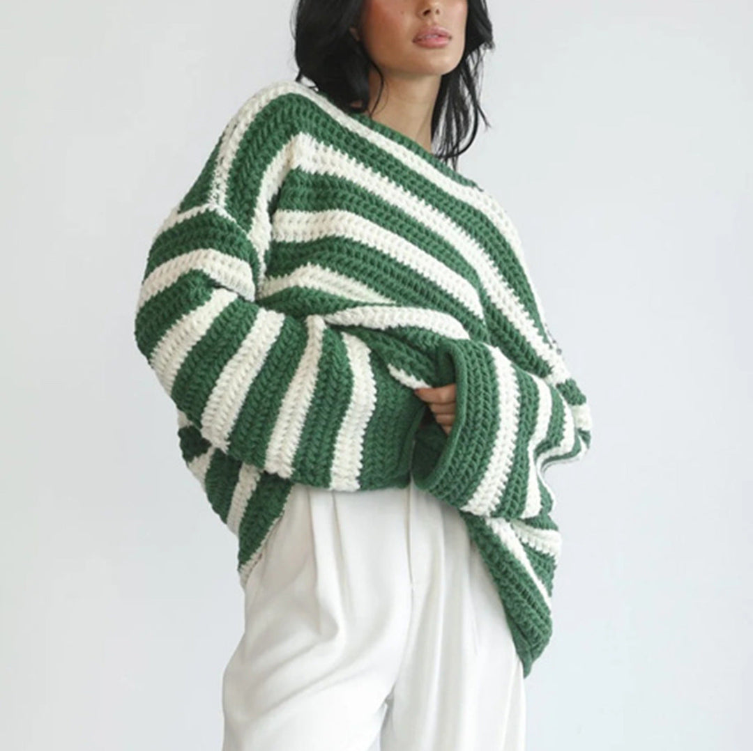 Striped sweater for women with a round neckline and long sleeves