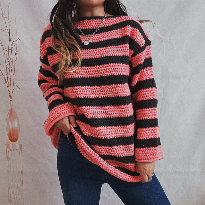 Striped sweater for women with a round neckline and long sleeves