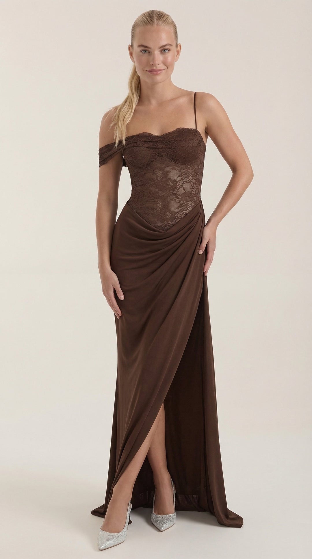 Patricia - One Shoulder Lace Corset Draped Midi Dress