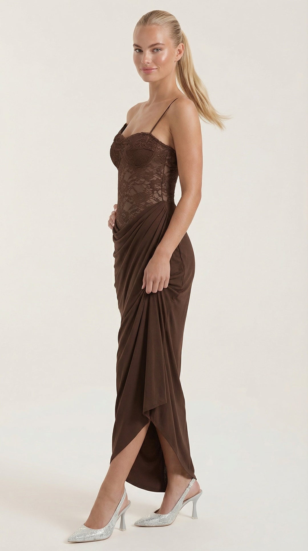 Patricia - One Shoulder Lace Corset Draped Midi Dress