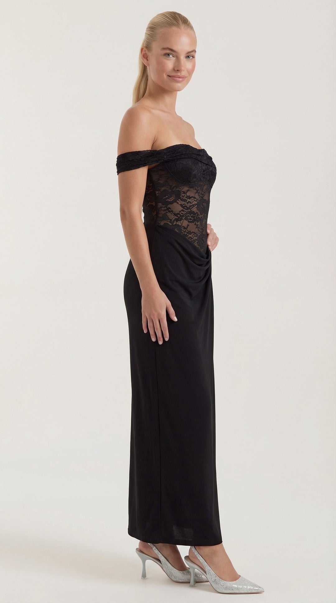Patricia - One Shoulder Lace Corset Draped Midi Dress
