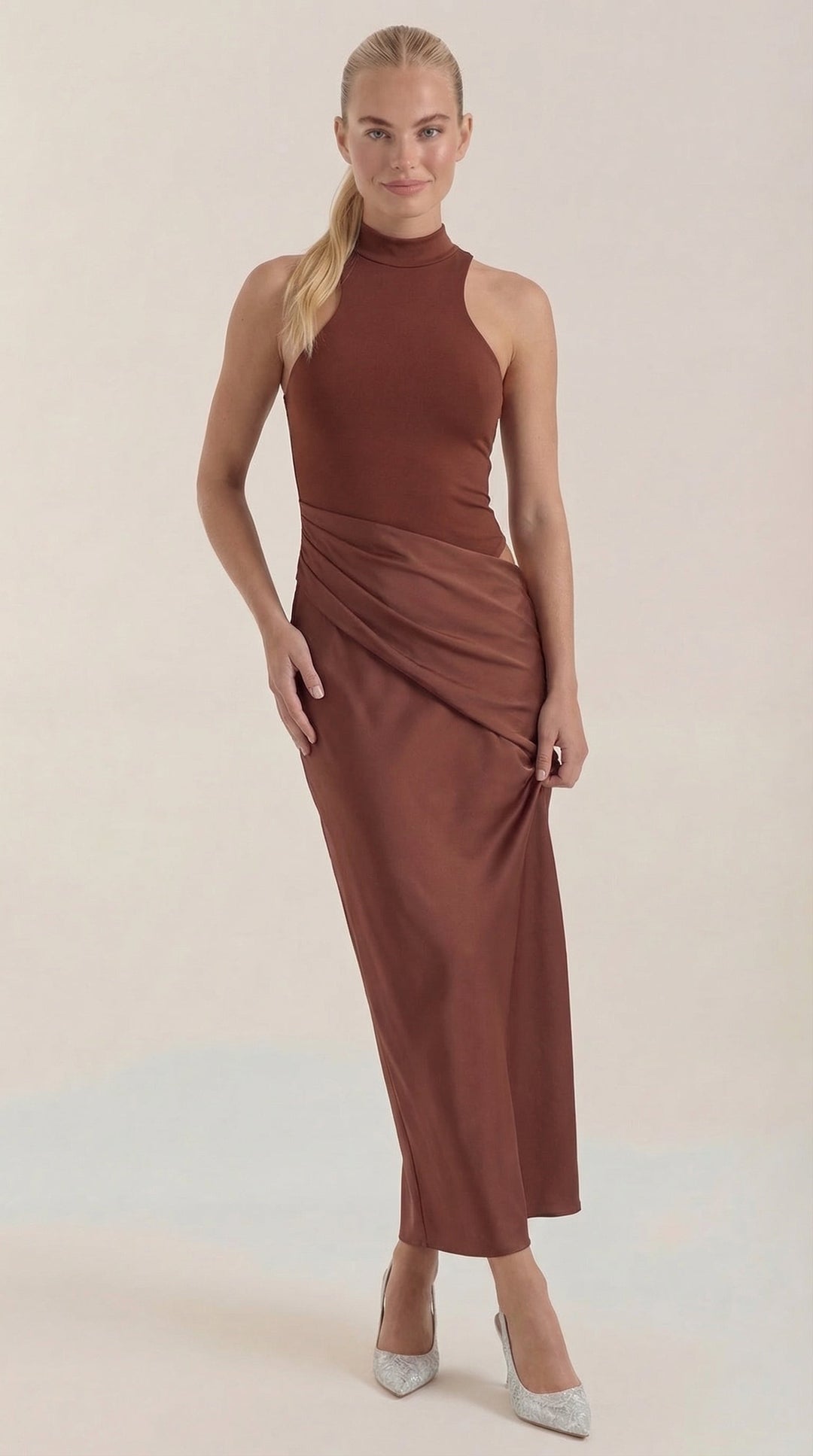 Mary - Mock Neck Sleeveless Twist Knot Maxi Dress