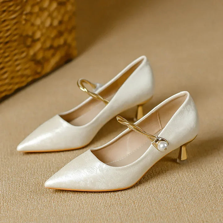 Wedding Shoes For Women | Pointed Toe Kitten Heel Pearl Strap