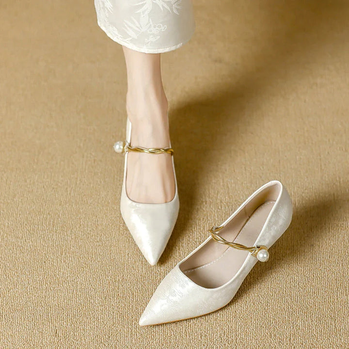 Wedding Shoes For Women | Pointed Toe Kitten Heel Pearl Strap
