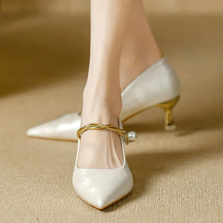 Wedding Shoes For Women | Pointed Toe Kitten Heel Pearl Strap