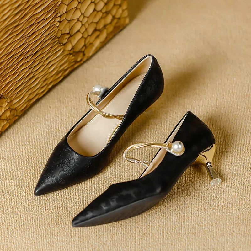 Wedding Shoes For Women | Pointed Toe Kitten Heel Pearl Strap