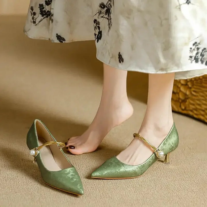 Wedding Shoes For Women | Pointed Toe Kitten Heel Pearl Strap