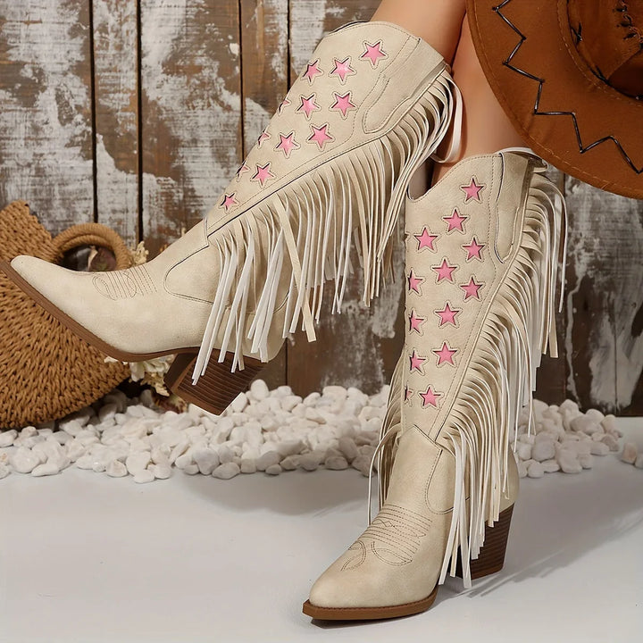 Western Boots For Women | Block Heel Fringe Star Knee-High