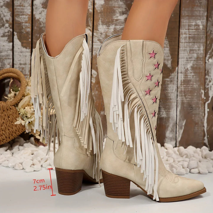 Western Boots For Women | Block Heel Fringe Star Knee-High