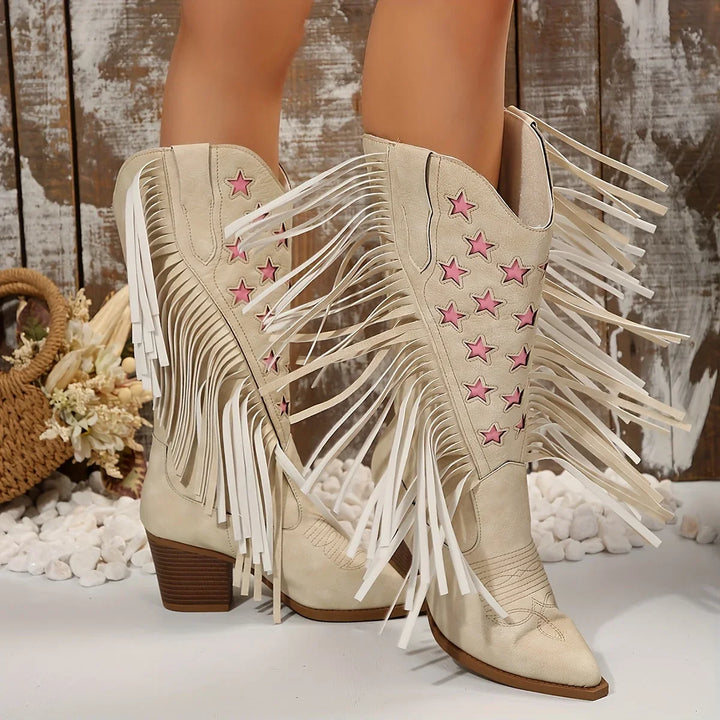 Western Boots For Women | Block Heel Fringe Star Knee-High