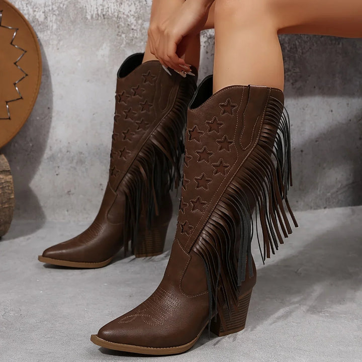 Western Boots For Women | Block Heel Fringe Star Knee-High