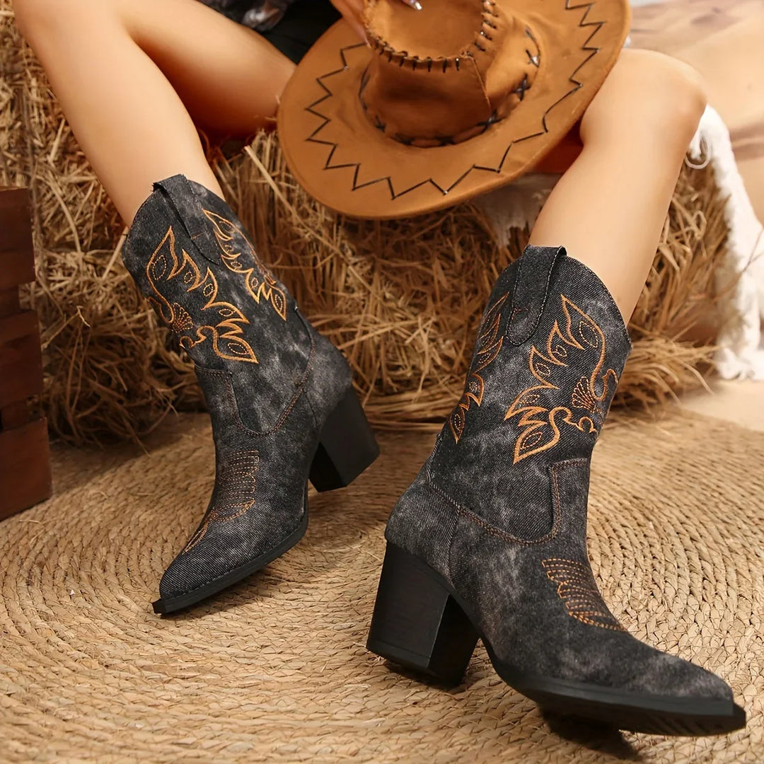 Western Boots For Women | Denim Block Heel Pointed Toe