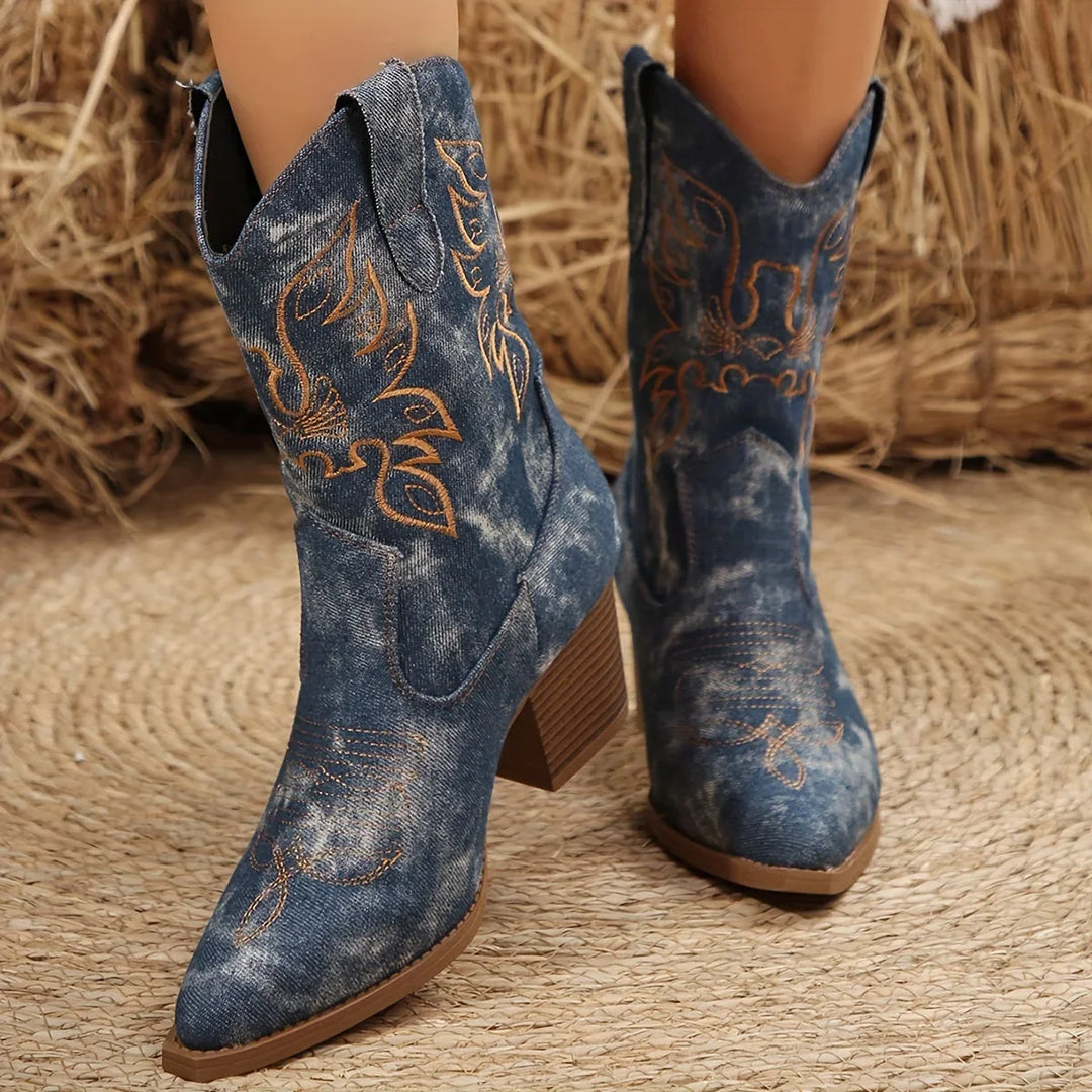 Western Boots For Women | Denim Block Heel Pointed Toe