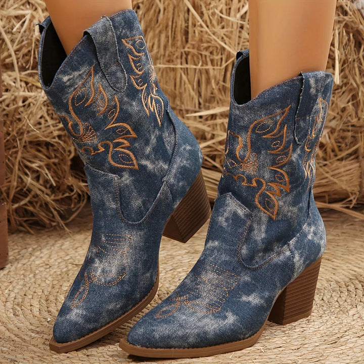 Western Boots For Women | Denim Block Heel Pointed Toe