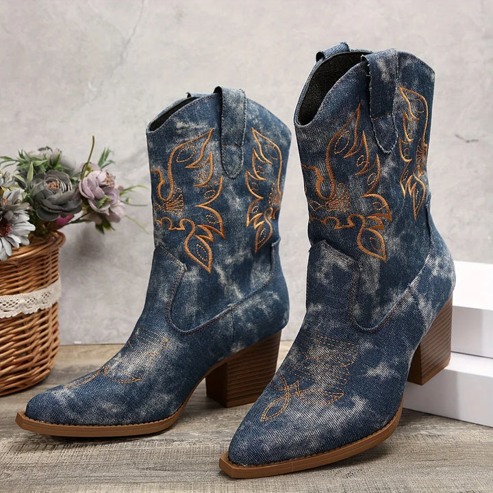 Western Boots For Women | Denim Block Heel Pointed Toe