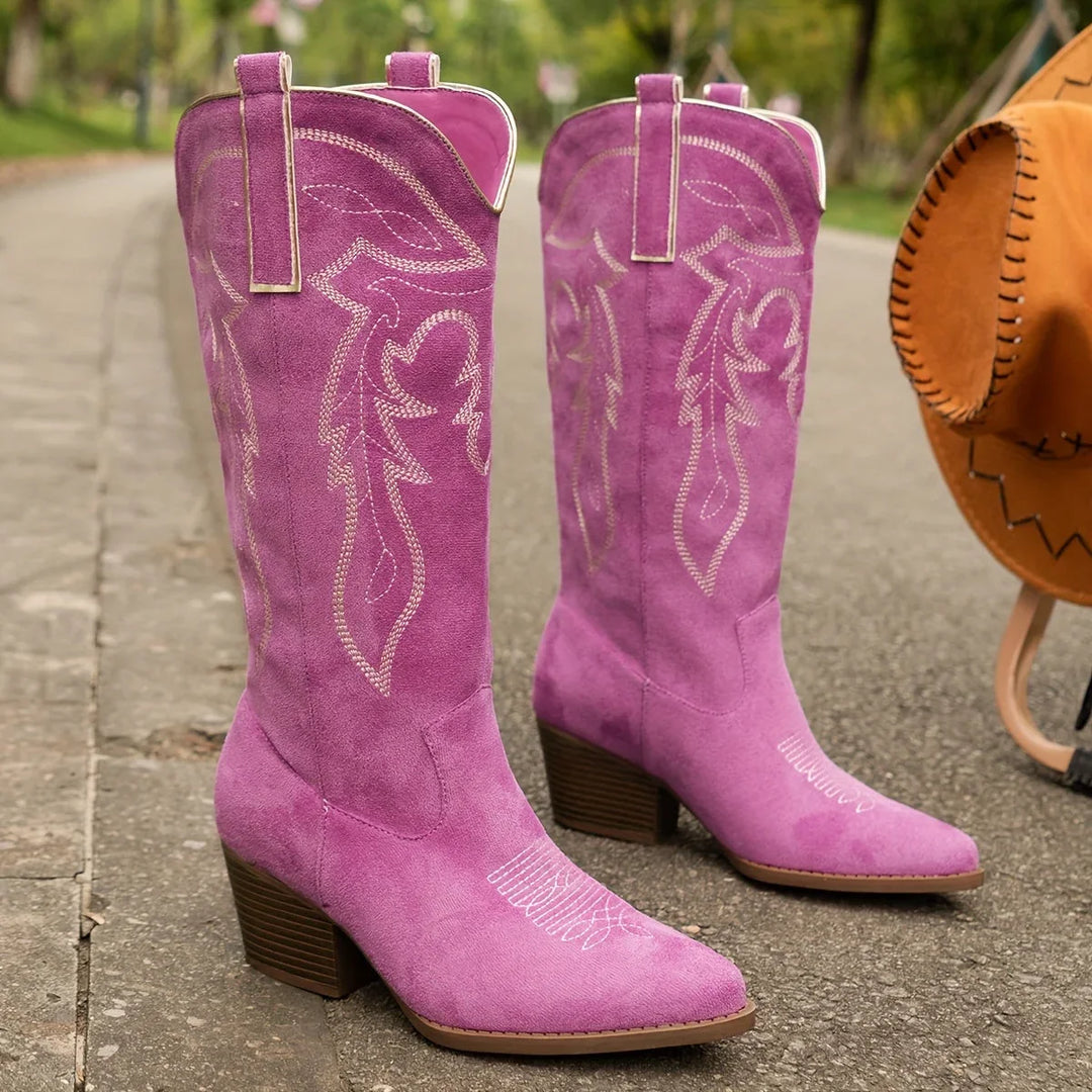 Western Boots For Women | Embroidered Block Heel Knee High