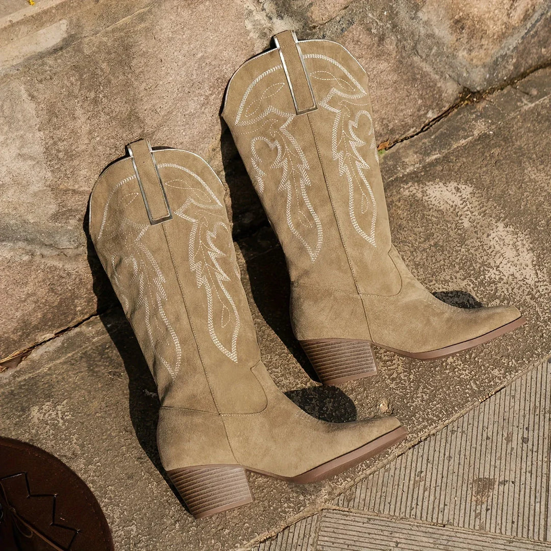 Western Boots For Women | Embroidered Block Heel Knee High