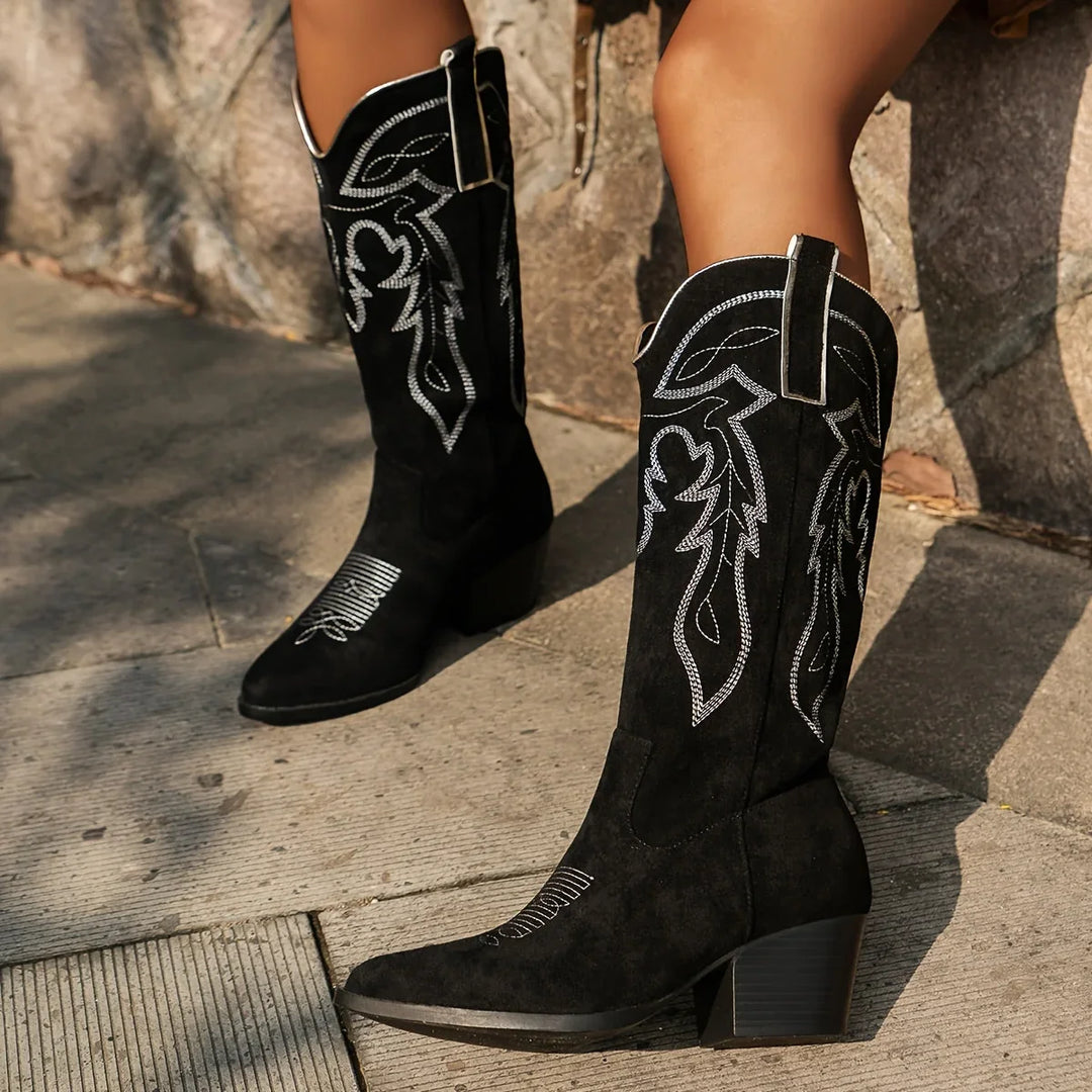 Western Boots For Women | Embroidered Block Heel Knee High