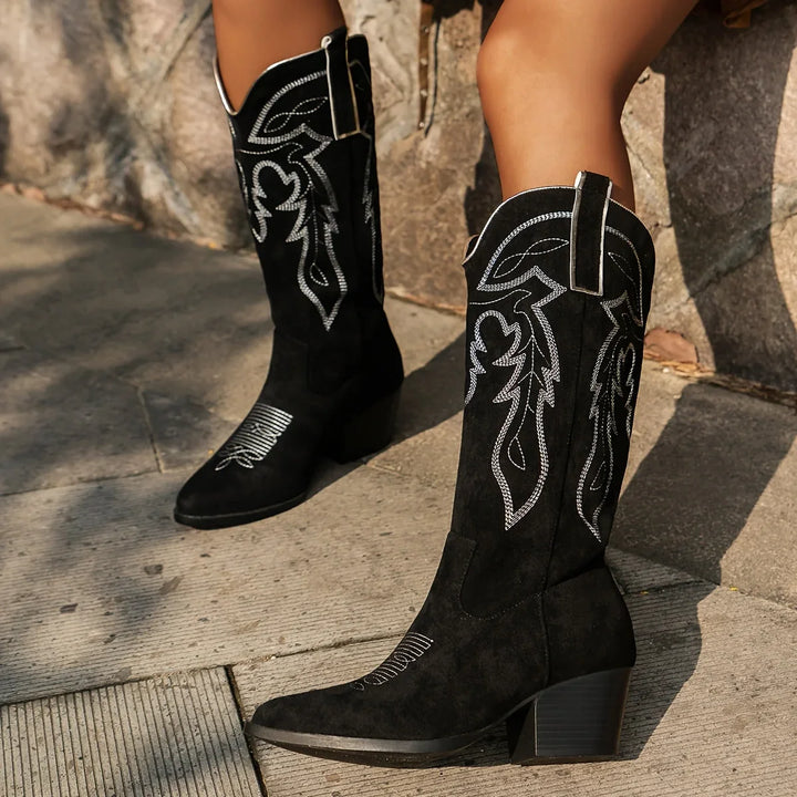 Western Boots For Women | Embroidered Block Heel Knee High