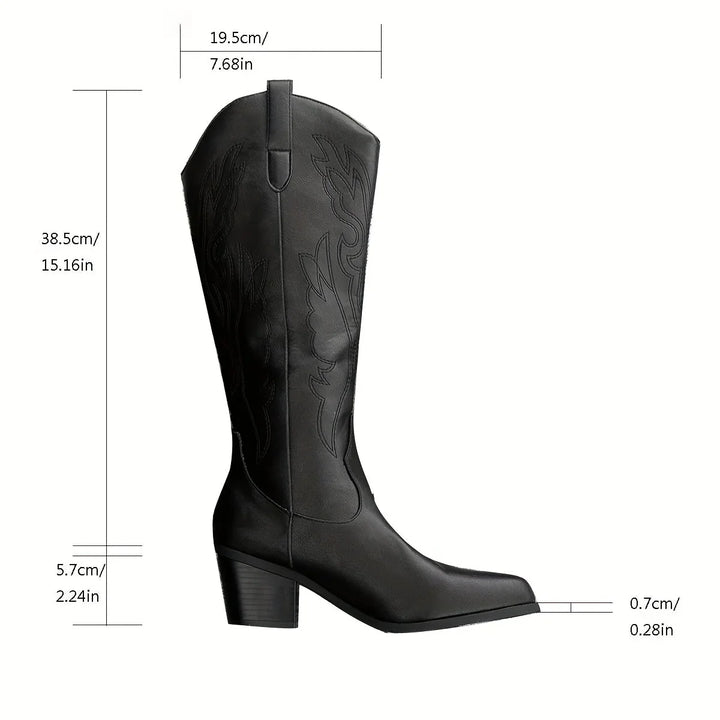 Western Boots For Women | Knee-High Block Heel Pointed Toe Leather