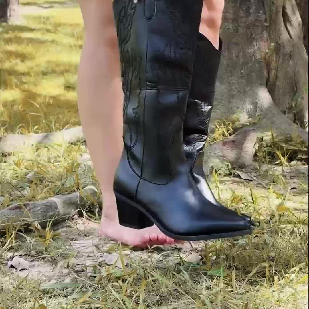 Western Boots For Women | Knee-High Block Heel Pointed Toe Leather