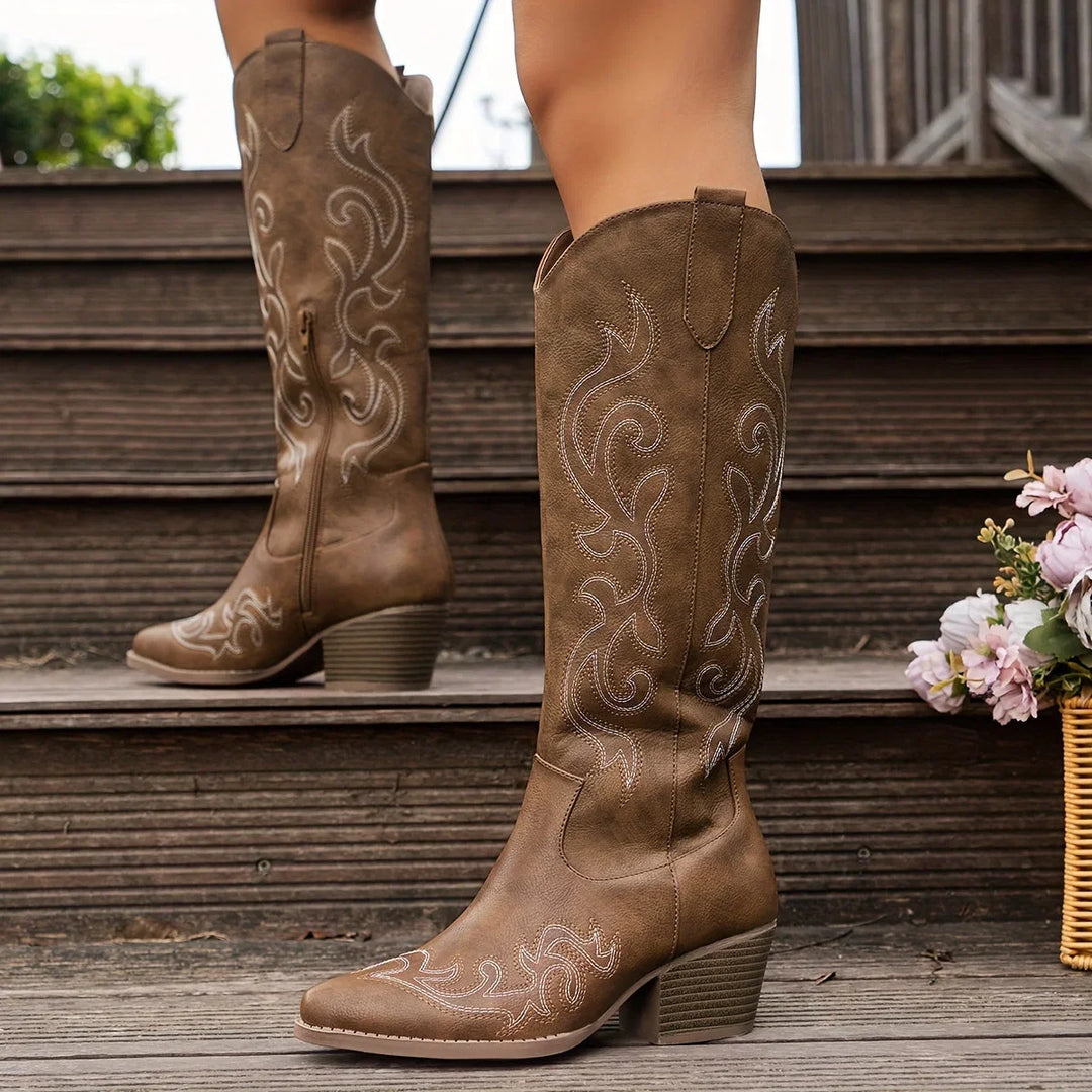 Western Boots For Women | Knee-High Block Heel Side Zip Embroidery