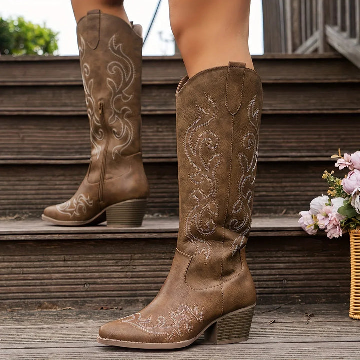 Western Boots For Women | Knee-High Block Heel Side Zip Embroidery