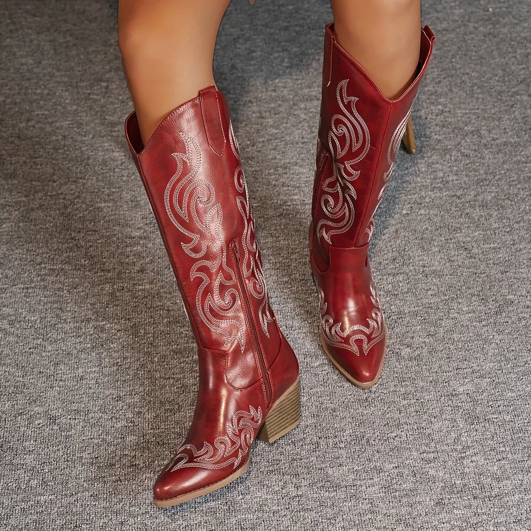Western Boots For Women | Knee-High Block Heel Side Zip Embroidery