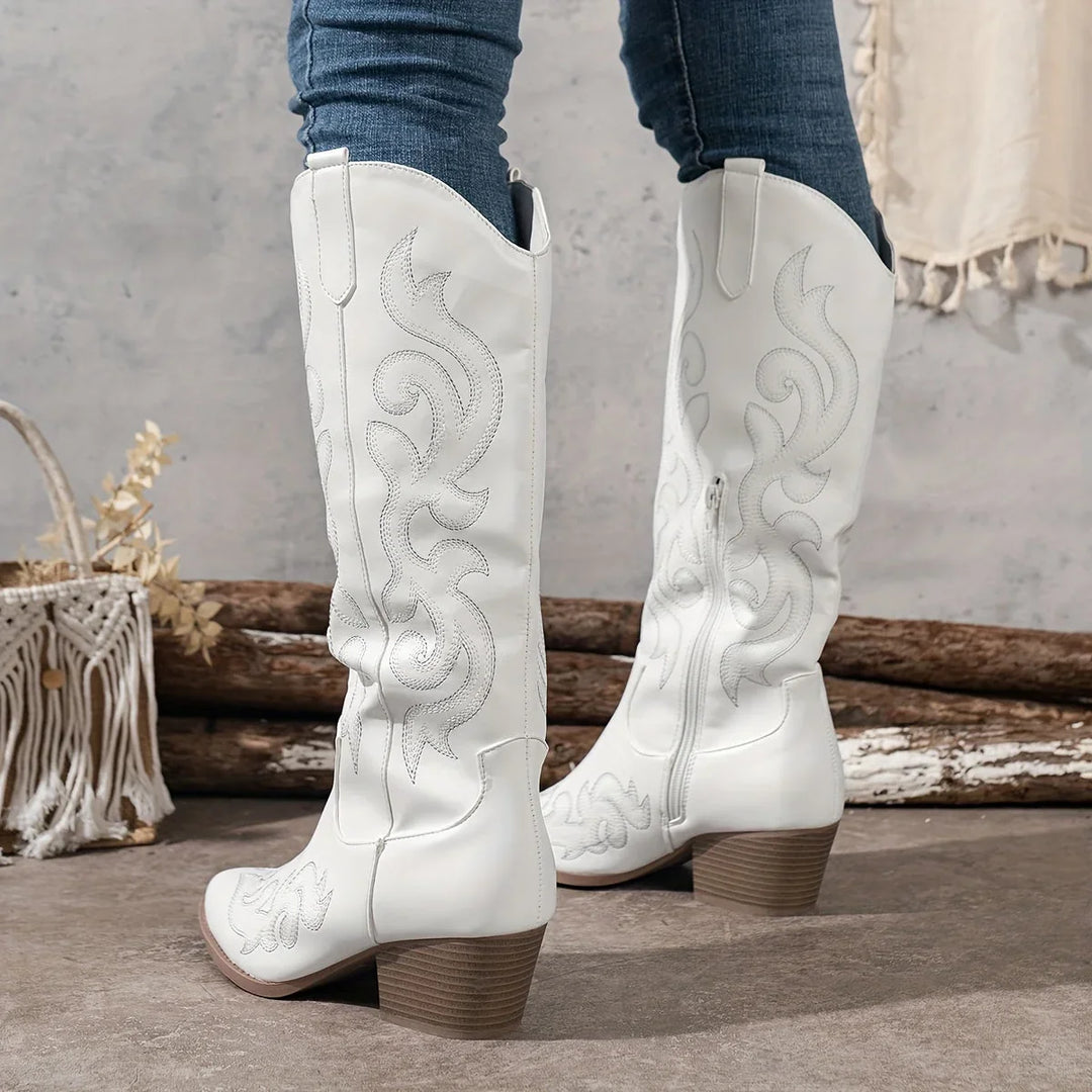 Western Boots For Women | Knee-High Block Heel Side Zip Embroidery