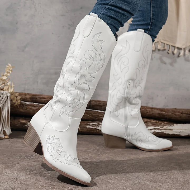 Western Boots For Women | Knee-High Block Heel Side Zip Embroidery