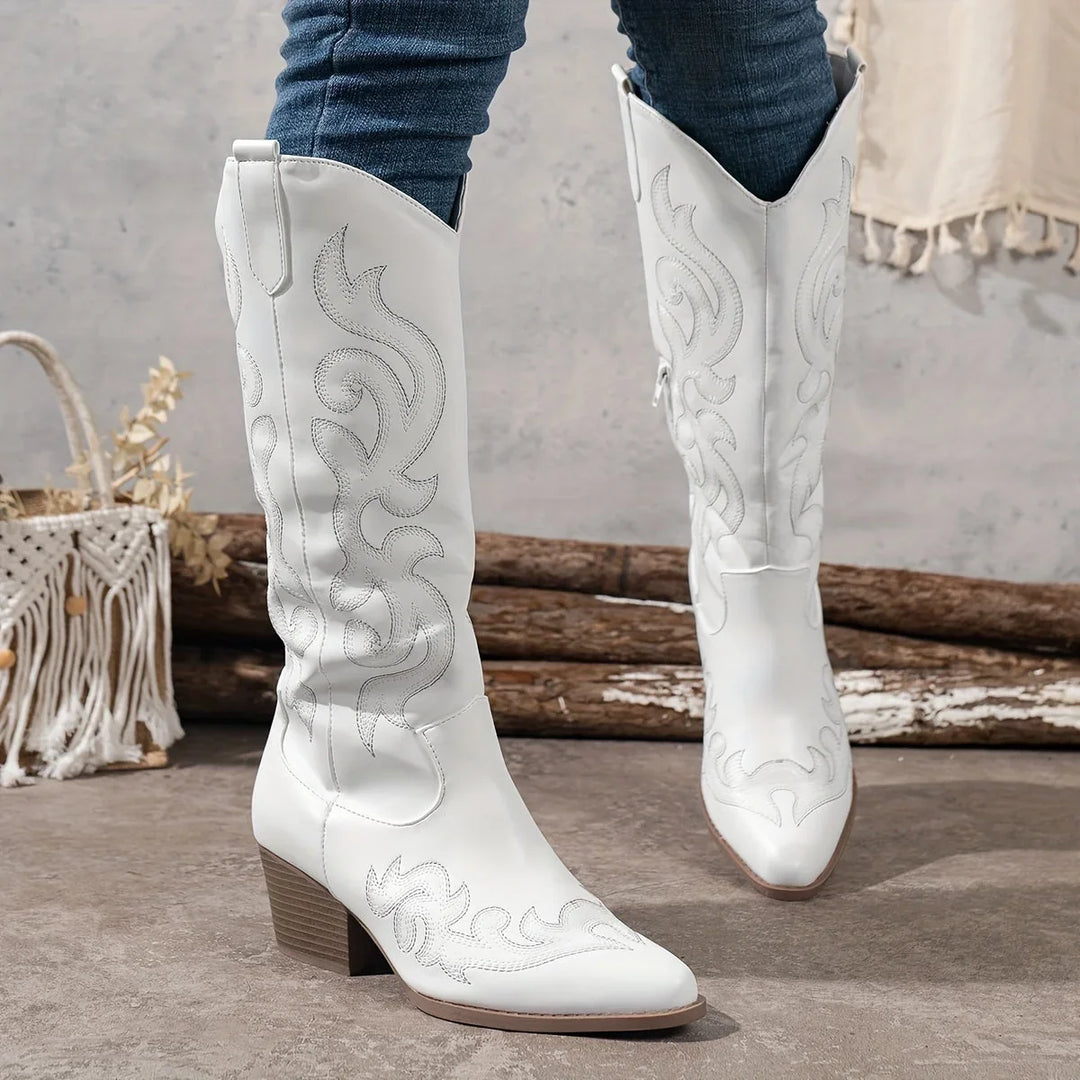 Western Boots For Women | Knee-High Block Heel Side Zip Embroidery