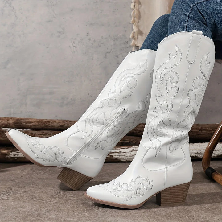 Western Boots For Women | Knee-High Block Heel Side Zip Embroidery