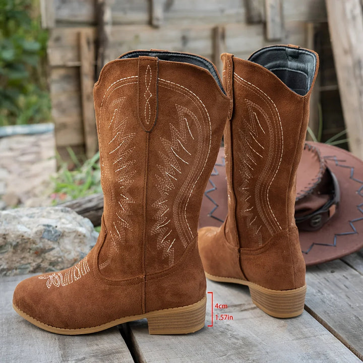 Western Boots For Women | Mid Calf Embroidered Stacked Heel